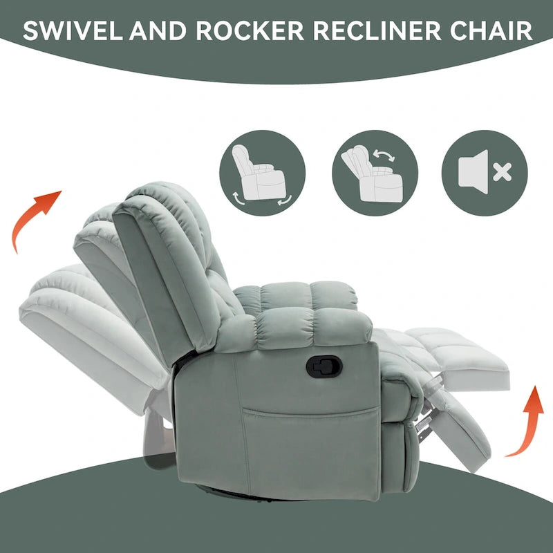 Fauteuil inclinable, pivotant et berçant surdimensionné, Repose-pieds, Poches, Manuel