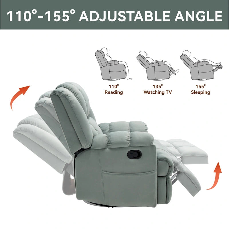 Fauteuil inclinable, pivotant et berçant surdimensionné, Repose-pieds, Poches, Manuel
