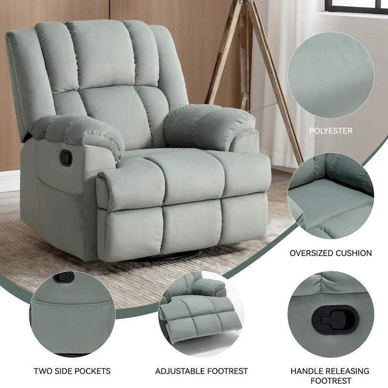 Fauteuil inclinable, pivotant et berçant surdimensionné, Repose-pieds, Poches, Manuel