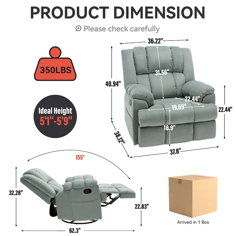 Fauteuil inclinable, pivotant et berçant surdimensionné, Repose-pieds, Poches, Manuel