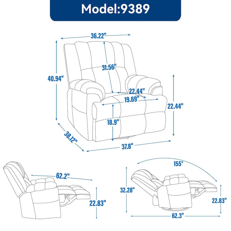 Fauteuil inclinable, pivotant et berçant surdimensionné, Repose-pieds, Poches, Manuel
