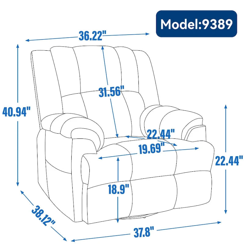Fauteuil inclinable, pivotant et berçant surdimensionné, Repose-pieds, Poches, Manuel