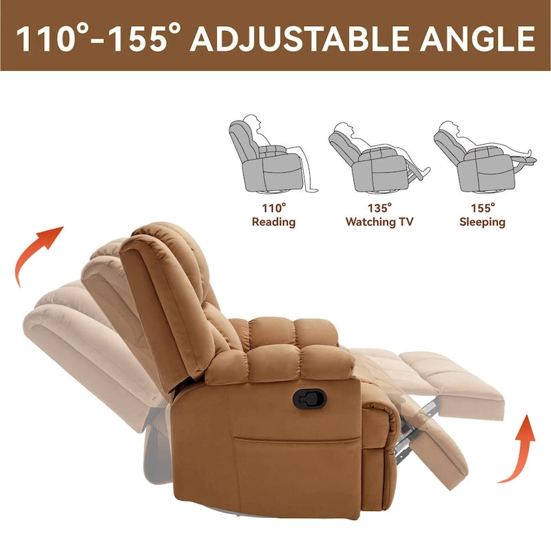 Fauteuil inclinable, pivotant et berçant surdimensionné, Repose-pieds, Poches, Manuel