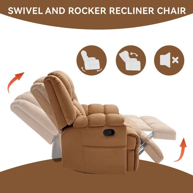 Fauteuil inclinable, pivotant et berçant surdimensionné, Repose-pieds, Poches, Manuel