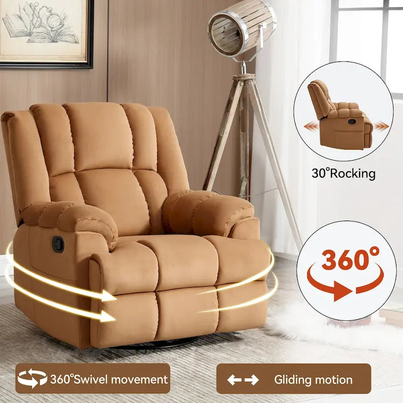 Fauteuil inclinable, pivotant et berçant surdimensionné, Repose-pieds, Poches, Manuel