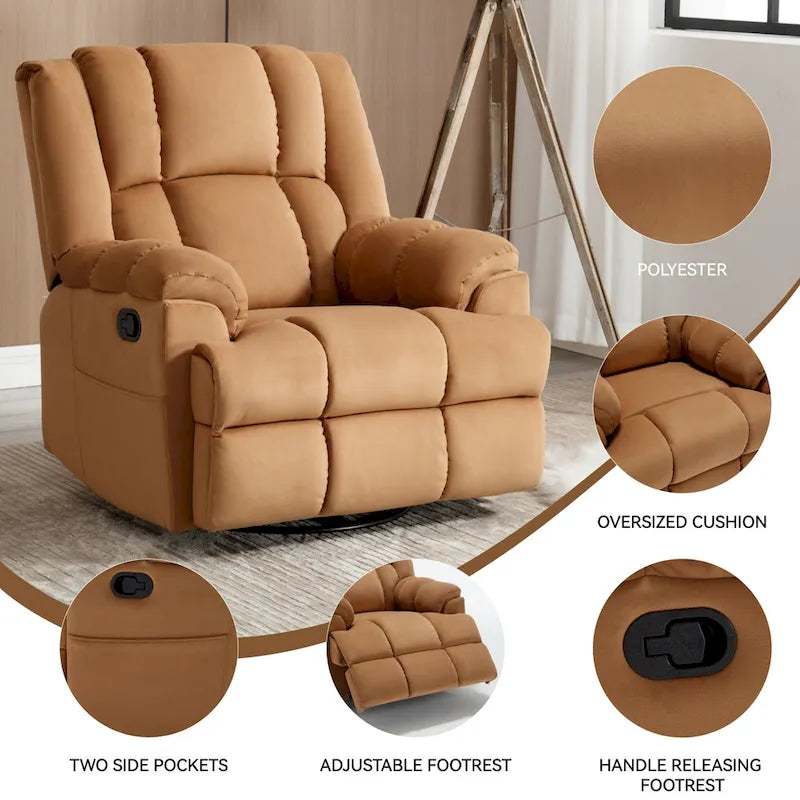 Fauteuil inclinable, pivotant et berçant surdimensionné, Repose-pieds, Poches, Manuel