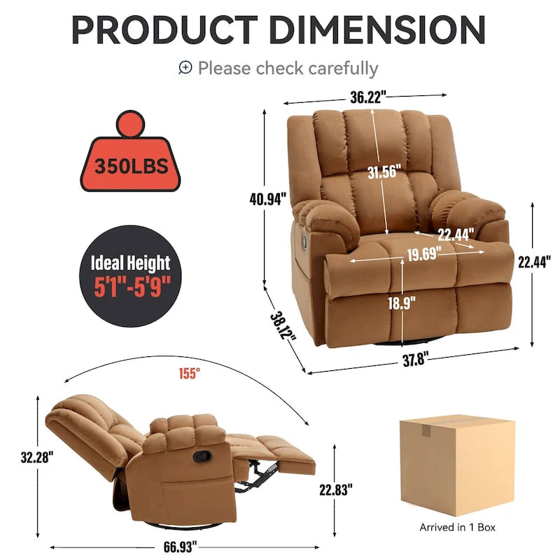 Fauteuil inclinable, pivotant et berçant surdimensionné, Repose-pieds, Poches, Manuel