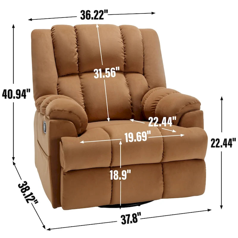 Fauteuil inclinable, pivotant et berçant surdimensionné, Repose-pieds, Poches, Manuel