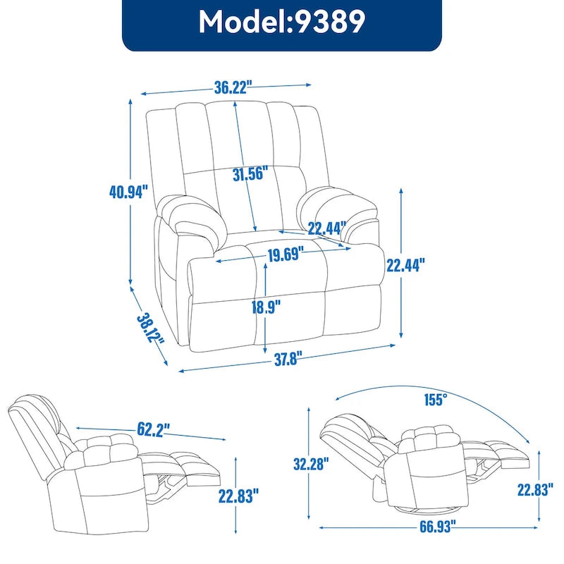 Fauteuil inclinable, pivotant et berçant surdimensionné, Repose-pieds, Poches, Manuel