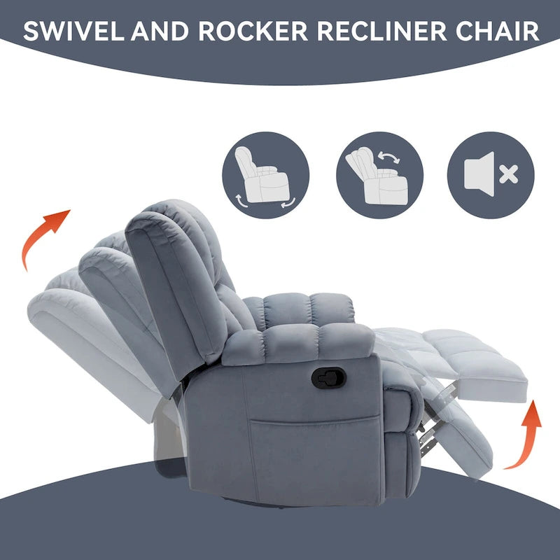 Fauteuil inclinable, pivotant et berçant surdimensionné, Repose-pieds, Poches, Manuel