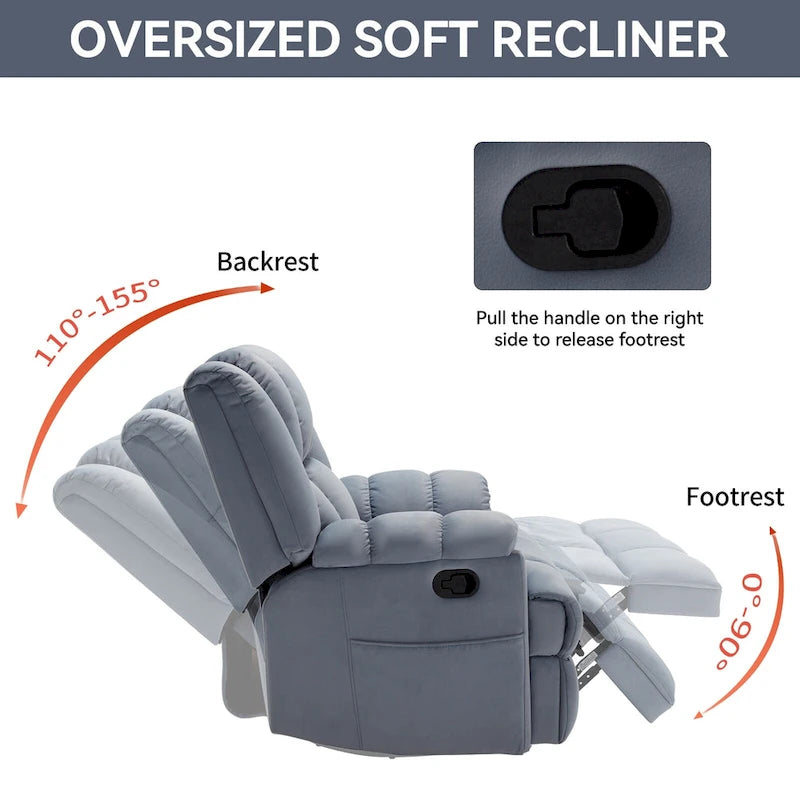 Fauteuil inclinable, pivotant et berçant surdimensionné, Repose-pieds, Poches, Manuel