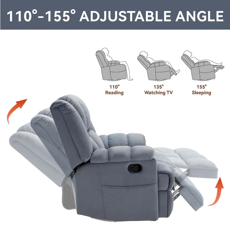 Fauteuil inclinable, pivotant et berçant surdimensionné, Repose-pieds, Poches, Manuel