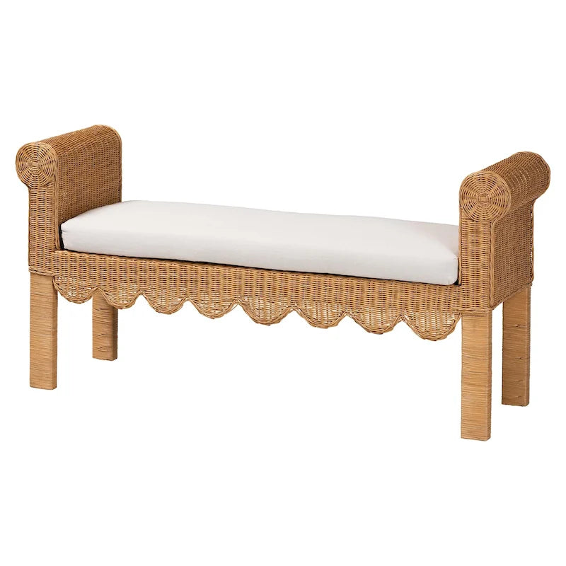 Banc en rotin naturel tressé à la main avec détails festonnés - Assise de style bohème ou campagnard pour entrée, chambre ou salon