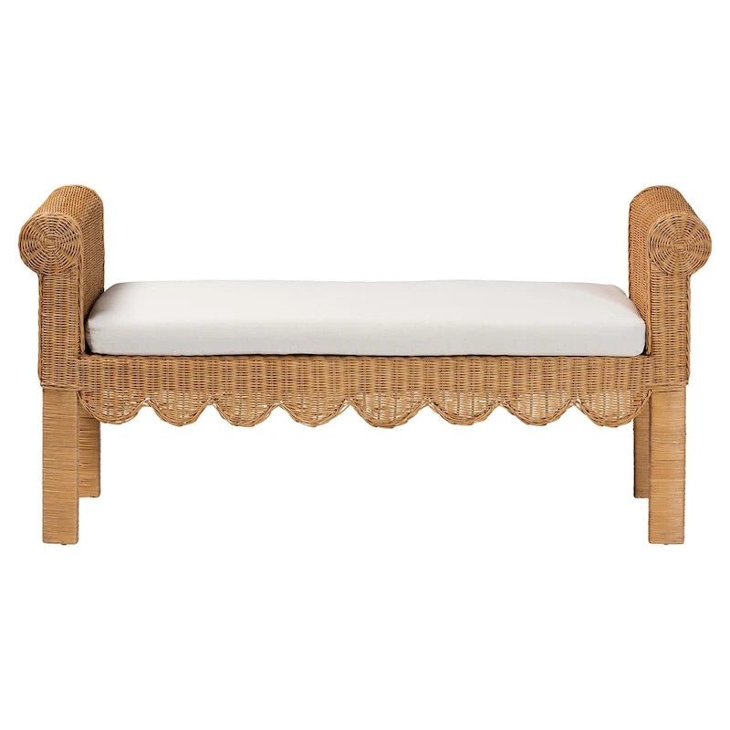 Banc en rotin naturel tressé à la main avec détails festonnés - Assise de style bohème ou campagnard pour entrée, chambre ou salon