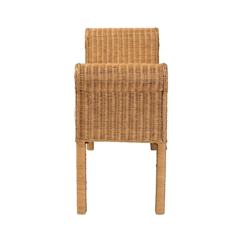 Banc en rotin naturel tressé à la main avec détails festonnés - Assise de style bohème ou campagnard pour entrée, chambre ou salon