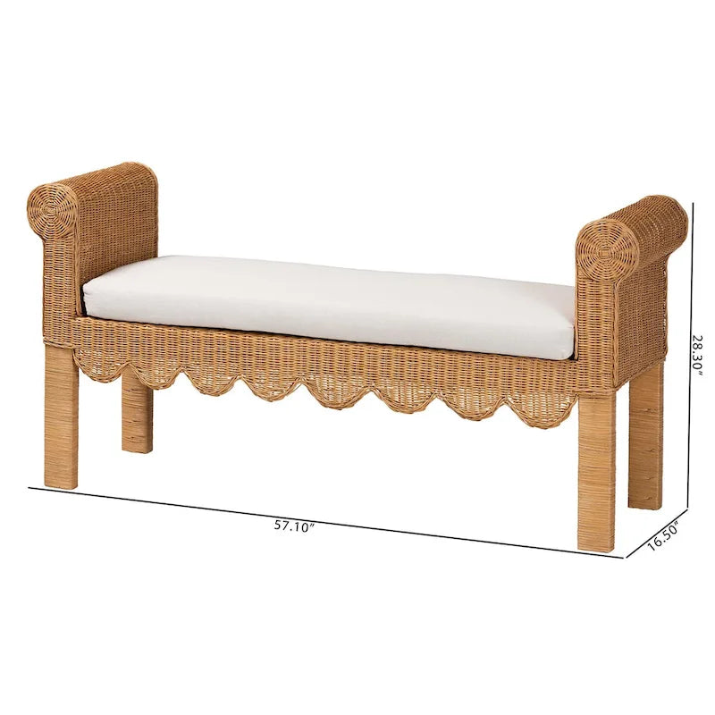 Banc en rotin naturel tressé à la main avec détails festonnés - Assise de style bohème ou campagnard pour entrée, chambre ou salon