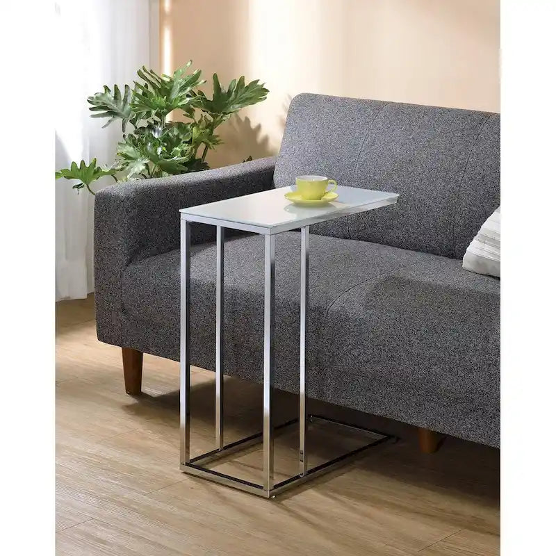 Table d'appoint avec plateau en verre, chrome et blanc