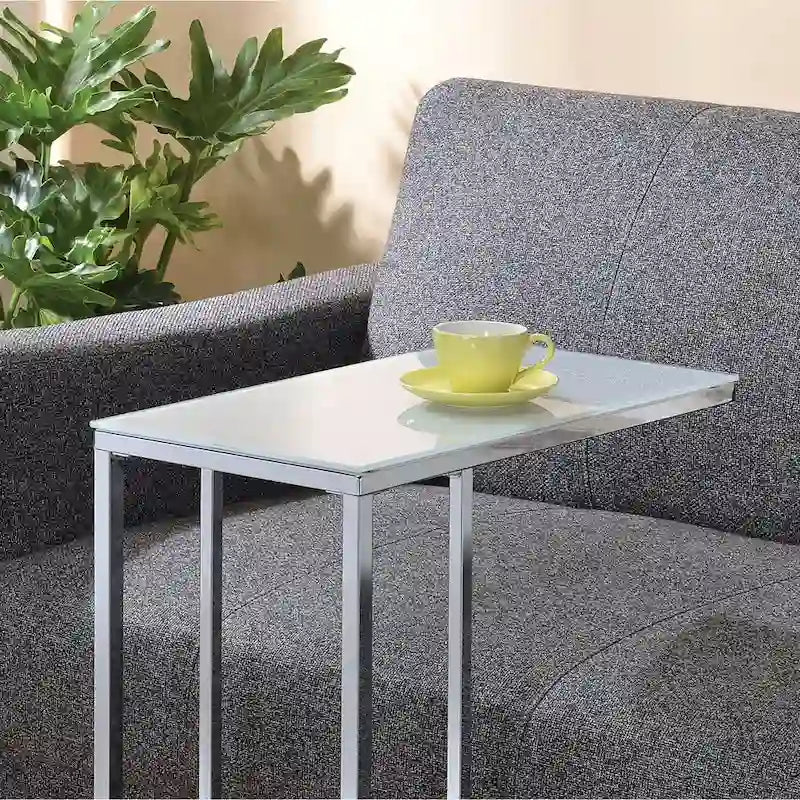 Table d'appoint avec plateau en verre, chrome et blanc