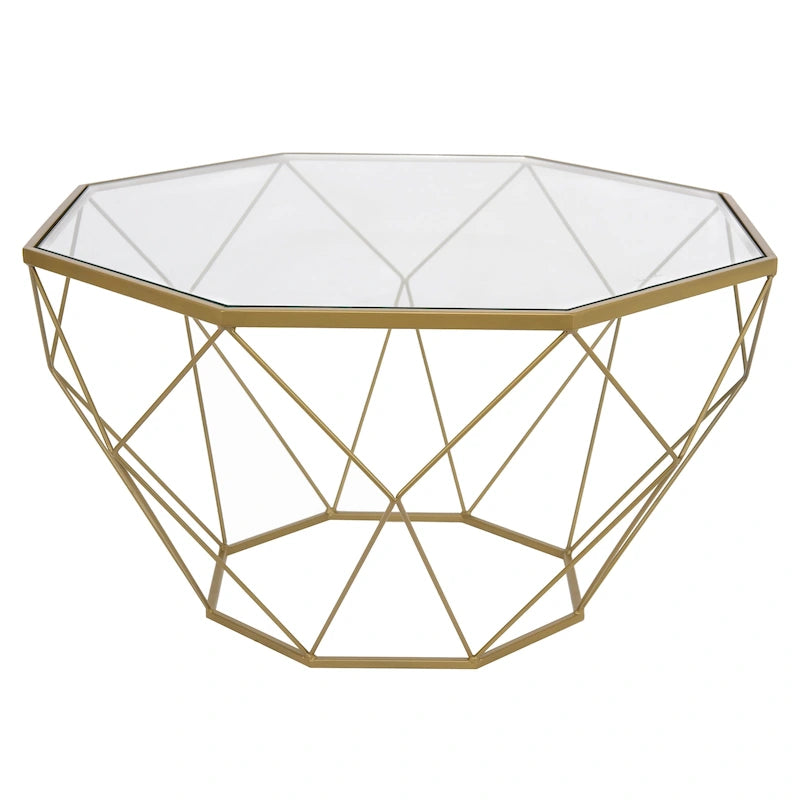 Table basse octogonale moderne, 22 po, avec plateau en verre trempé et base géométrique robuste en métal pour le salon et le bureau