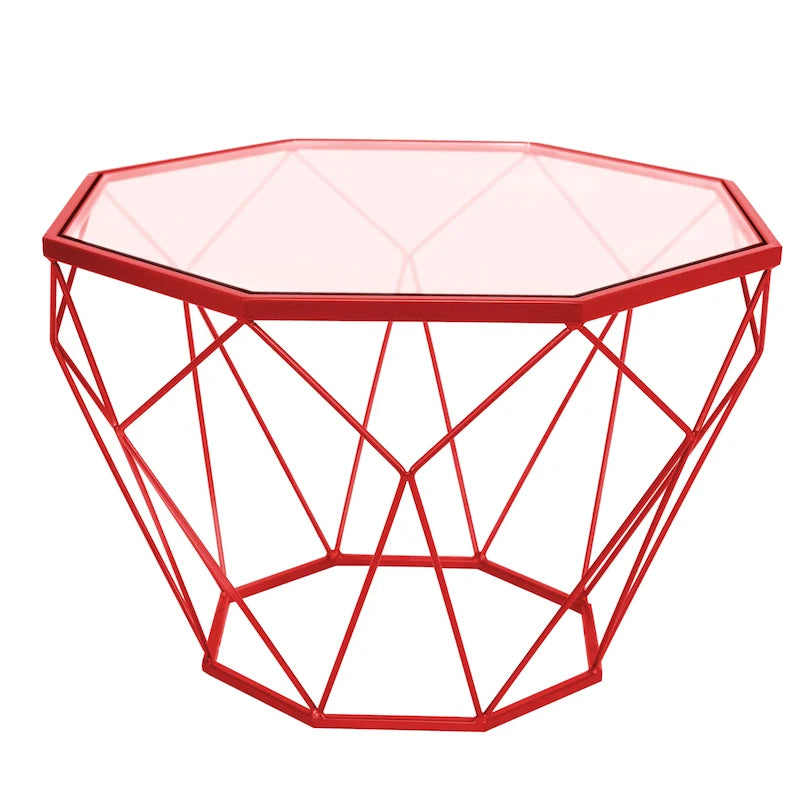 Table basse octogonale moderne, 22 po, avec plateau en verre trempé et base géométrique robuste en métal pour le salon et le bureau