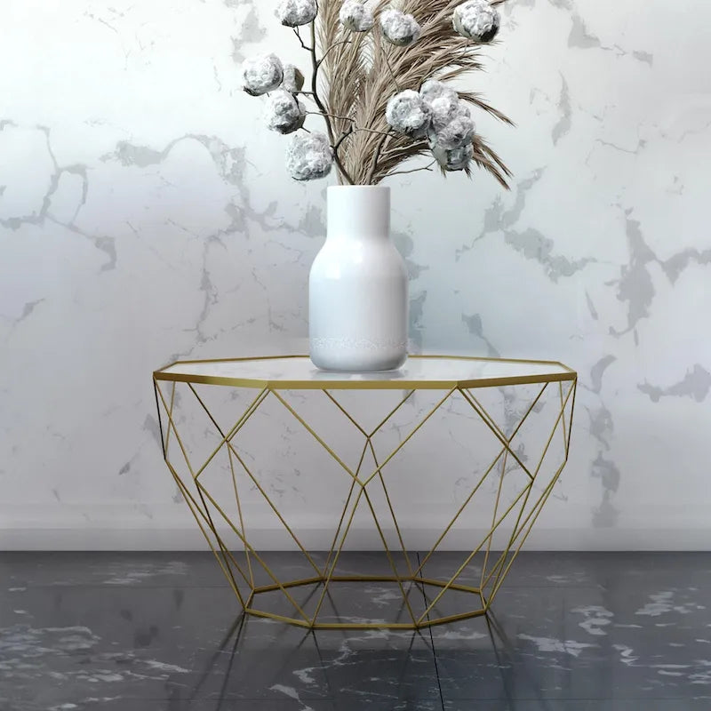 Table basse octogonale moderne, 22 po, avec plateau en verre trempé et base géométrique robuste en métal pour le salon et le bureau