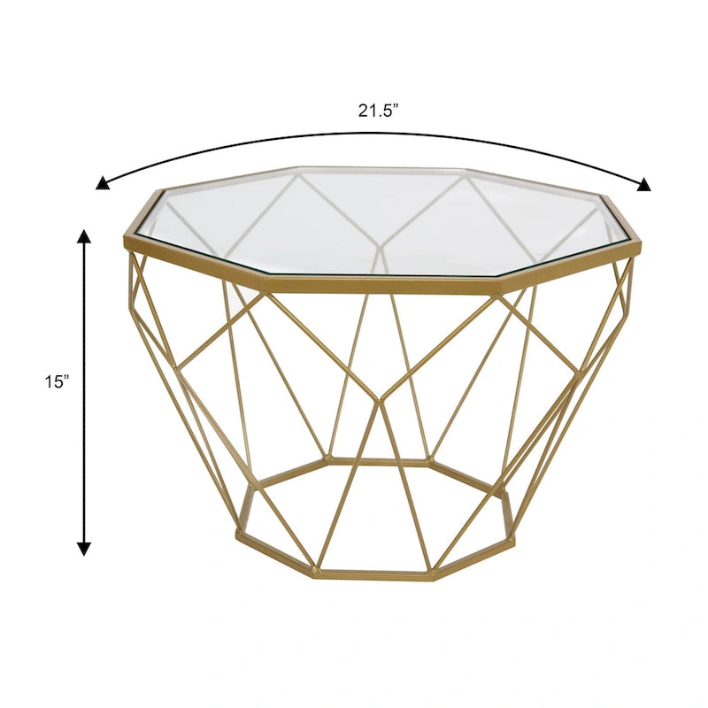 Table basse octogonale moderne, 22 po, avec plateau en verre trempé et base géométrique robuste en métal pour le salon et le bureau