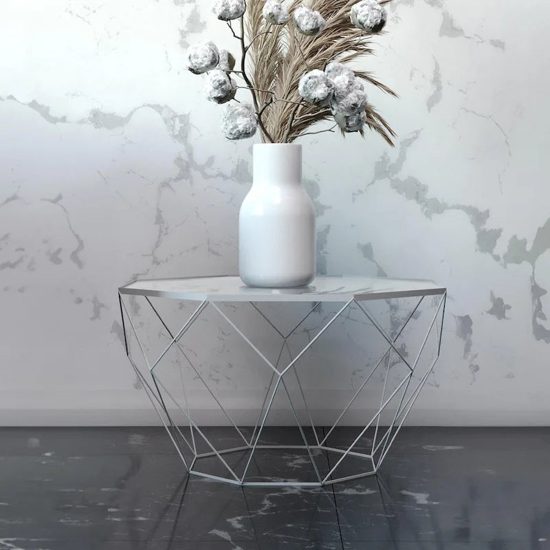 Table basse octogonale moderne, 22 po, avec plateau en verre trempé et base géométrique robuste en métal pour le salon et le bureau
