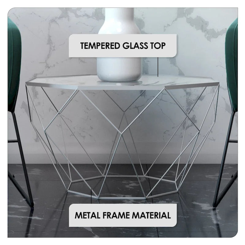 Table basse octogonale moderne, 22 po, avec plateau en verre trempé et base géométrique robuste en métal pour le salon et le bureau