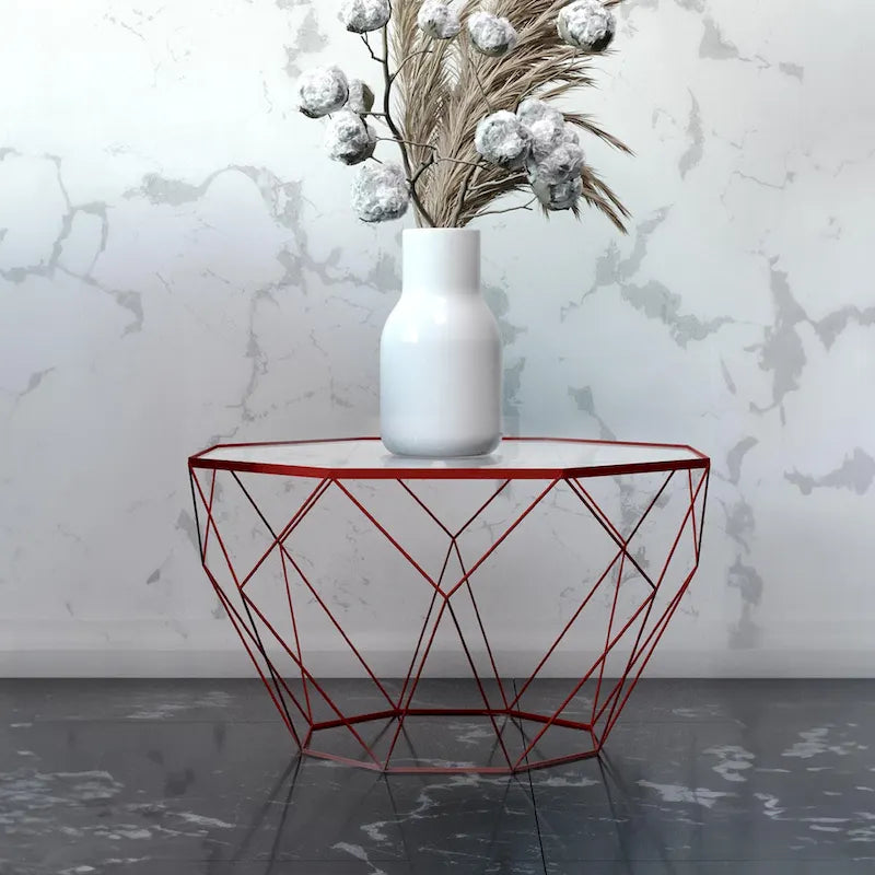 Table basse octogonale moderne, 22 po, avec plateau en verre trempé et base géométrique robuste en métal pour le salon et le bureau