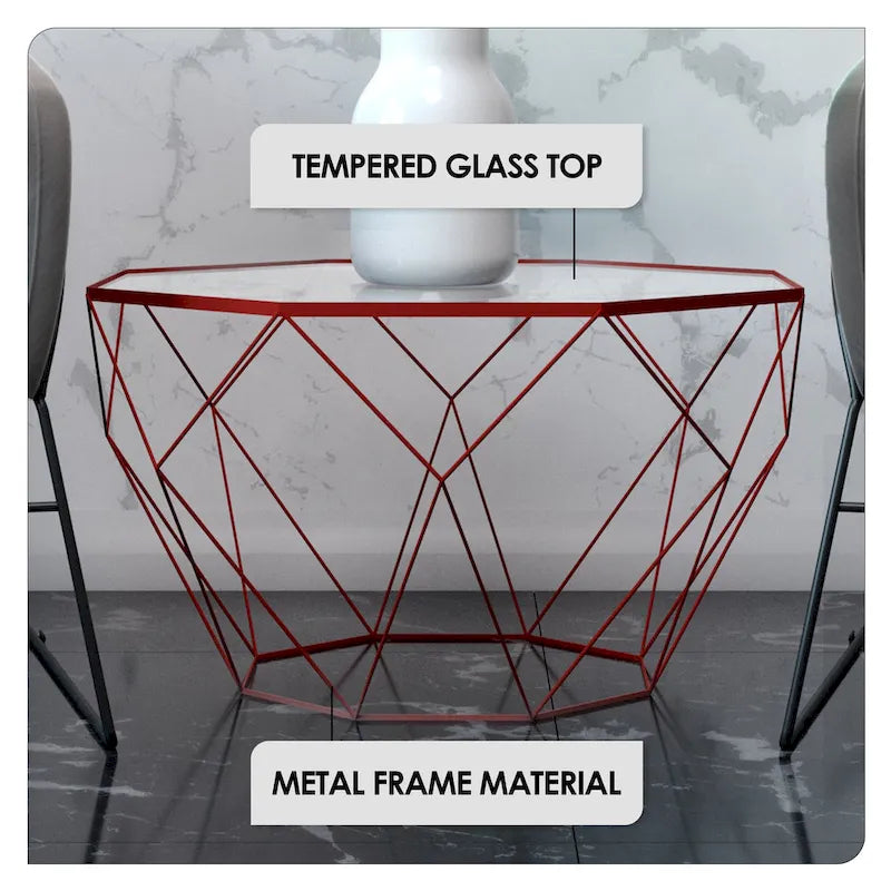 Table basse octogonale moderne, 22 po, avec plateau en verre trempé et base géométrique robuste en métal pour le salon et le bureau