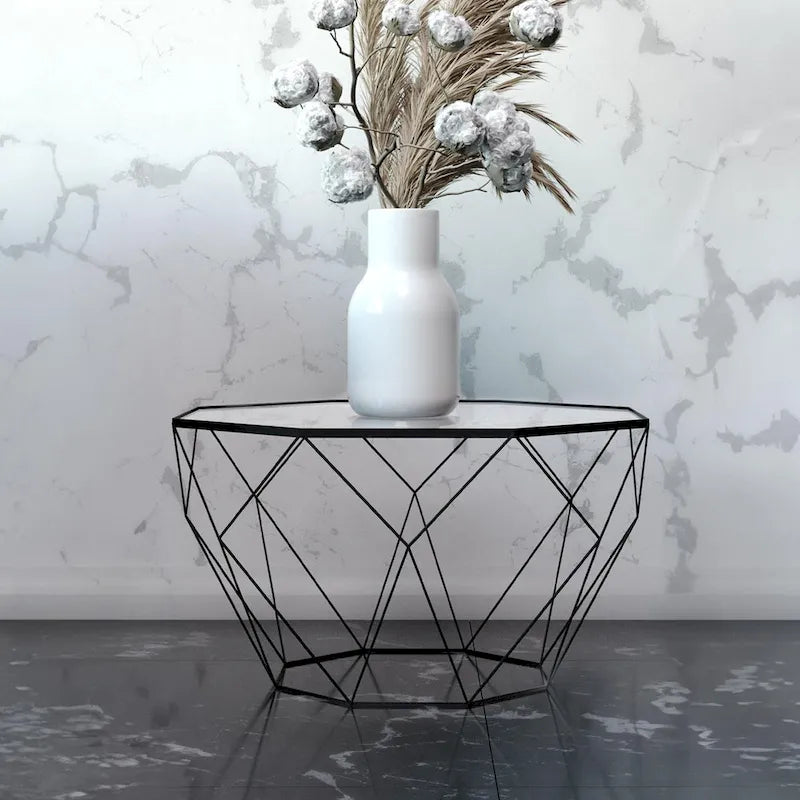 Table basse octogonale moderne, 22 po, avec plateau en verre trempé et base géométrique robuste en métal pour le salon et le bureau