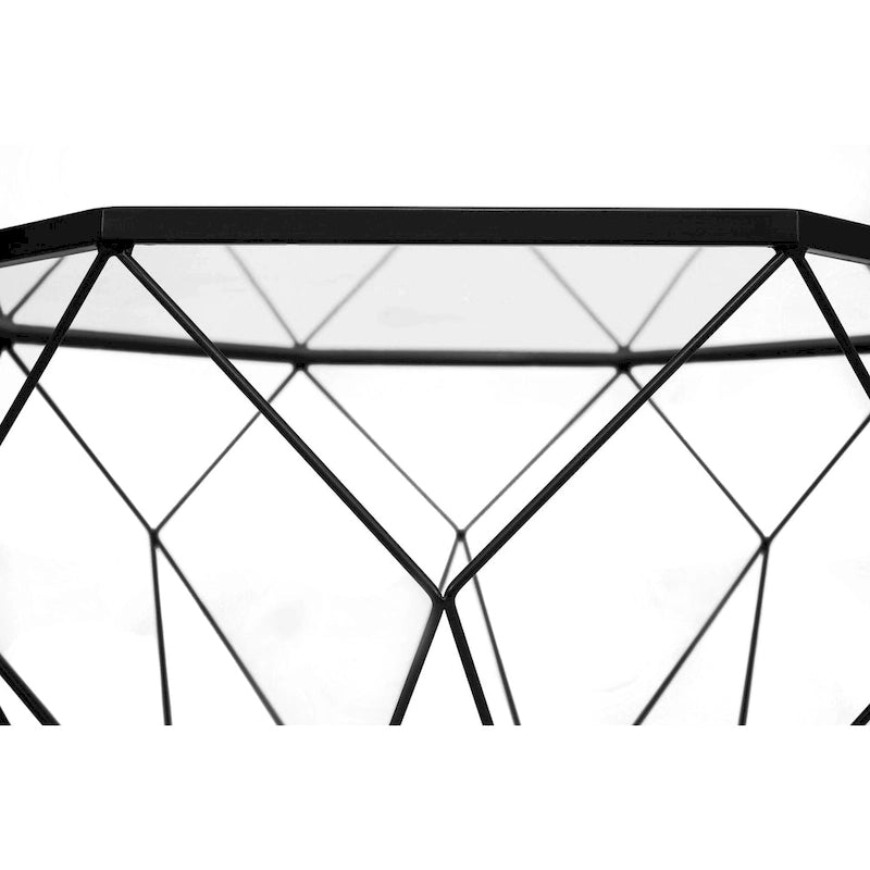 Table basse octogonale moderne, 22 po, avec plateau en verre trempé et base géométrique robuste en métal pour le salon et le bureau