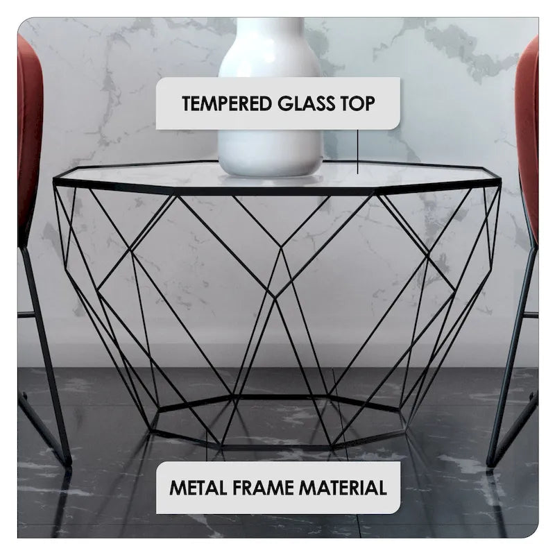 Table basse octogonale moderne, 22 po, avec plateau en verre trempé et base géométrique robuste en métal pour le salon et le bureau