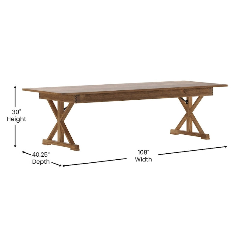 Table à manger pliante rectangulaire en pin massif antique et rustique, 9' x 40