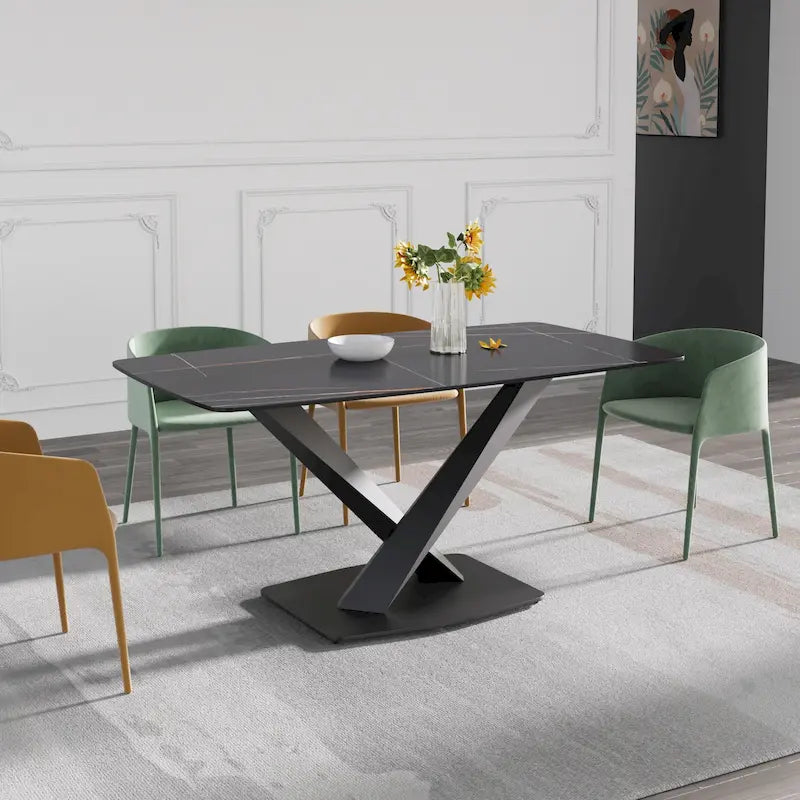 Table de salle à manger moderne 63" avec plateau en ardoise et pieds en métal, Table à manger en marbre
