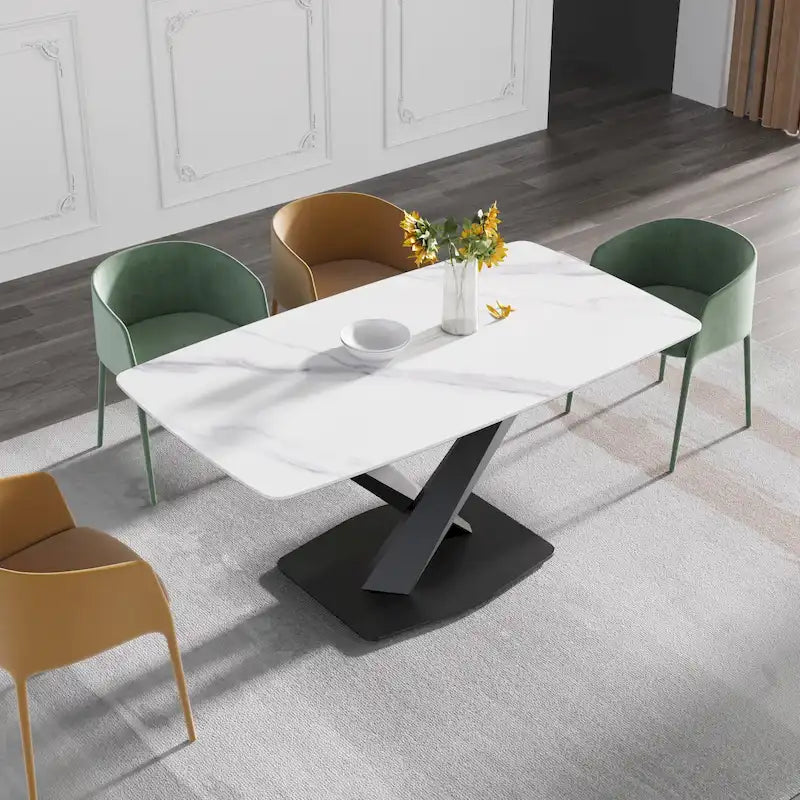 Table de salle à manger moderne 63" avec plateau en ardoise et pieds en métal, Table à manger en marbre