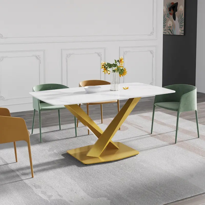 Table de salle à manger moderne 63" avec plateau en ardoise et pieds en métal, Table à manger en marbre
