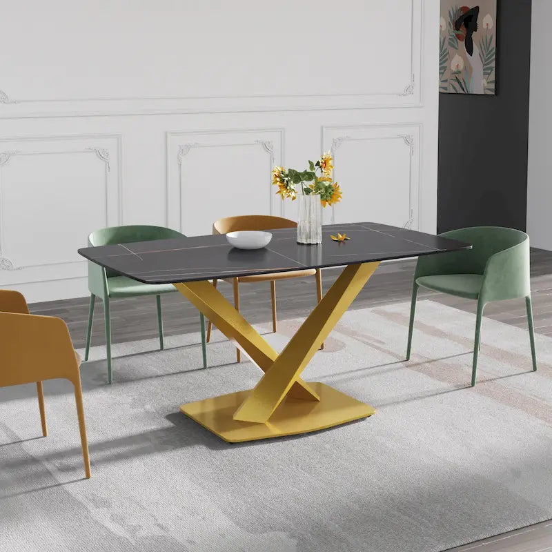 Table de salle à manger moderne 63" avec plateau en ardoise et pieds en métal, Table à manger en marbre