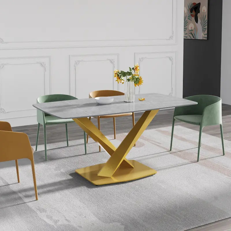 Table de salle à manger moderne 63" avec plateau en ardoise et pieds en métal, Table à manger en marbre