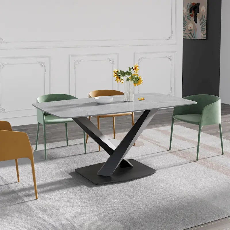 Table de salle à manger moderne 63" avec plateau en ardoise et pieds en métal, Table à manger en marbre