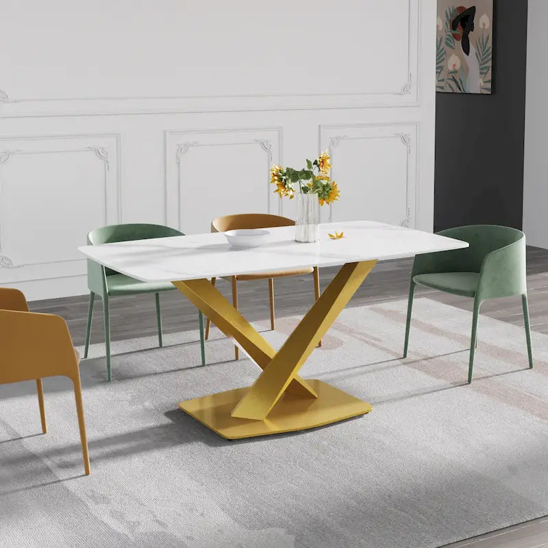 Table de salle à manger moderne 63" avec plateau en ardoise et pieds en métal, Table à manger en marbre