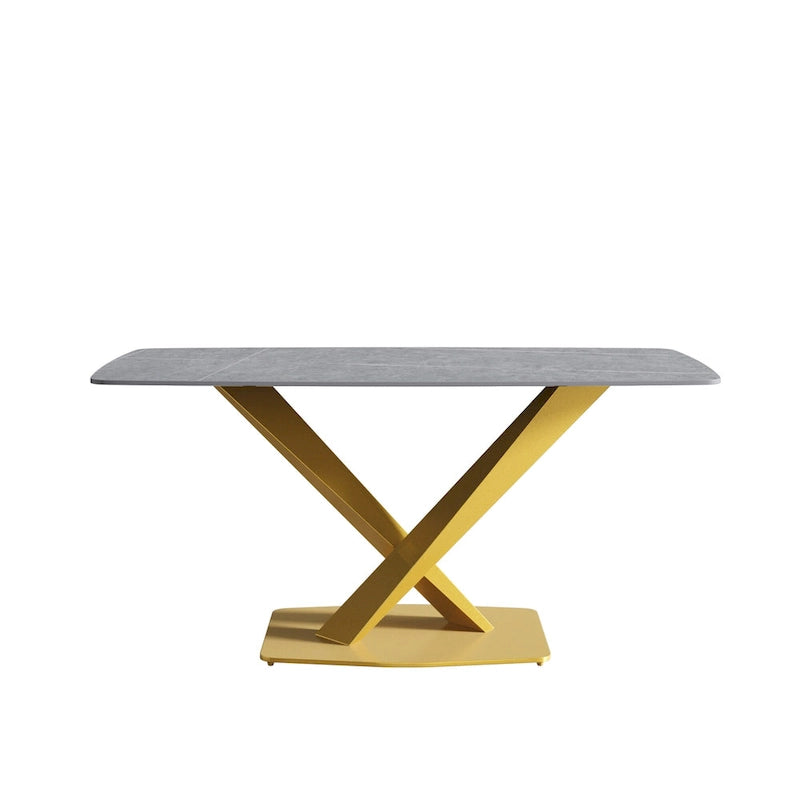 Table de salle à manger moderne 63" avec plateau en ardoise et pieds en métal, Table à manger en marbre