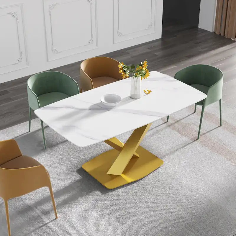 Table de salle à manger moderne 63" avec plateau en ardoise et pieds en métal, Table à manger en marbre