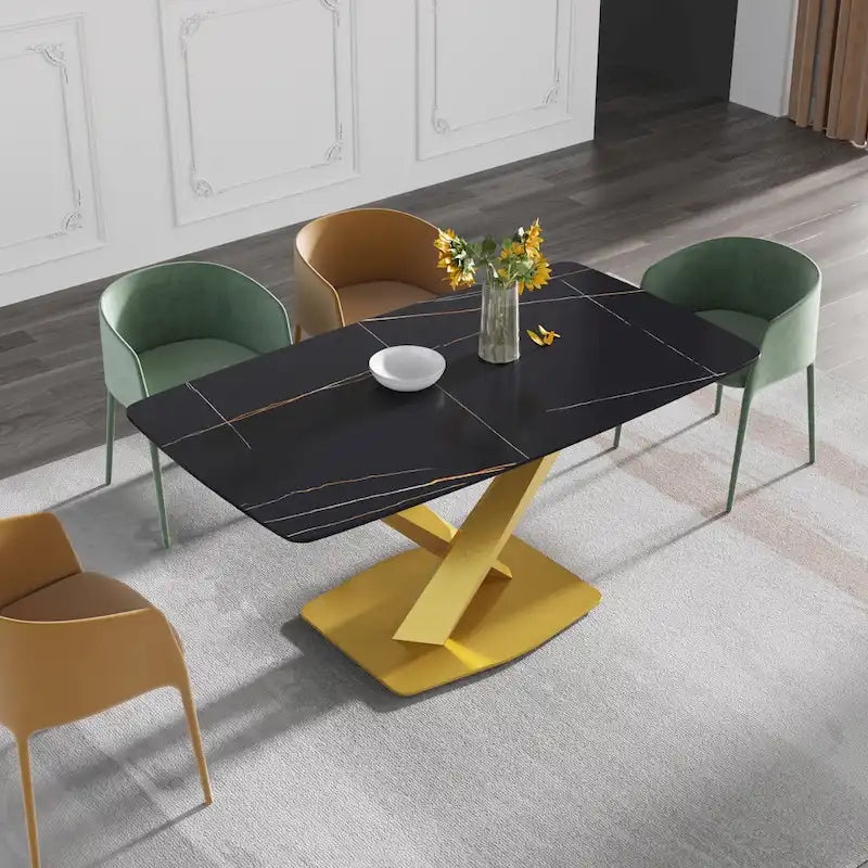Table de salle à manger moderne 63" avec plateau en ardoise et pieds en métal, Table à manger en marbre