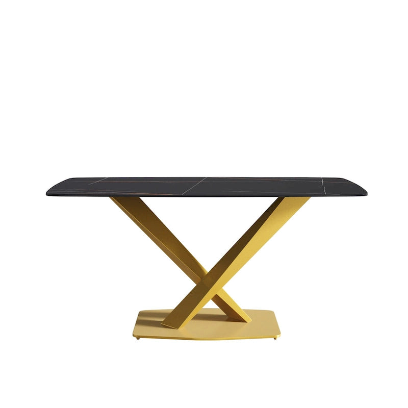 Table de salle à manger moderne 63" avec plateau en ardoise et pieds en métal, Table à manger en marbre