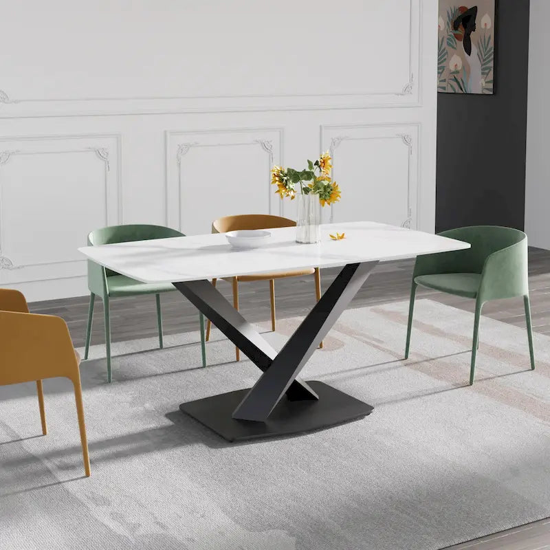 Table de salle à manger moderne 63" avec plateau en ardoise et pieds en métal, Table à manger en marbre