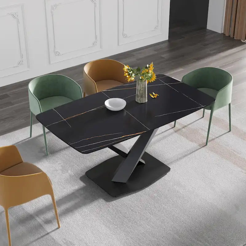 Table de salle à manger moderne 63" avec plateau en ardoise et pieds en métal, Table à manger en marbre