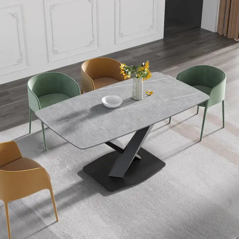 Table de salle à manger moderne 63" avec plateau en ardoise et pieds en métal, Table à manger en marbre