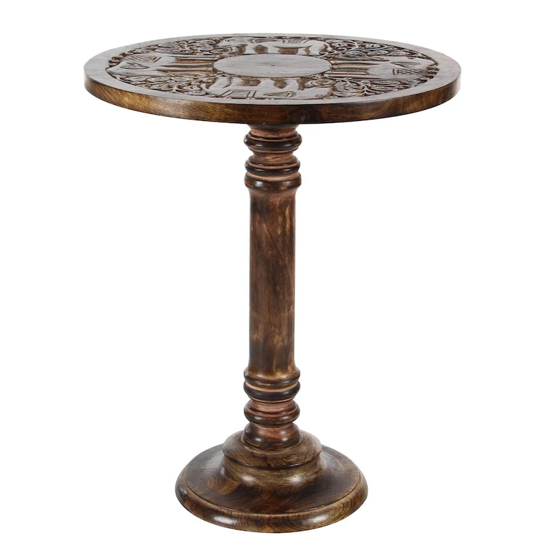Table d'appoint en bois de manguier avec motifs éléphant ou floraux, sculptée à la main, avec piètement tourné - Marron foncé
