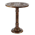 Table d'appoint en bois de manguier avec motifs éléphant ou floraux, sculptée à la main, avec piètement tourné - Marron foncé